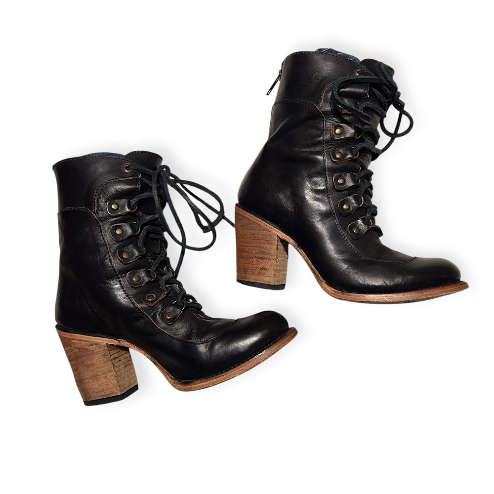Freebird by Steven Borow Black Dark Brown Distressed Lace Up Boots Size 7‎ - Picture 2 of 8
